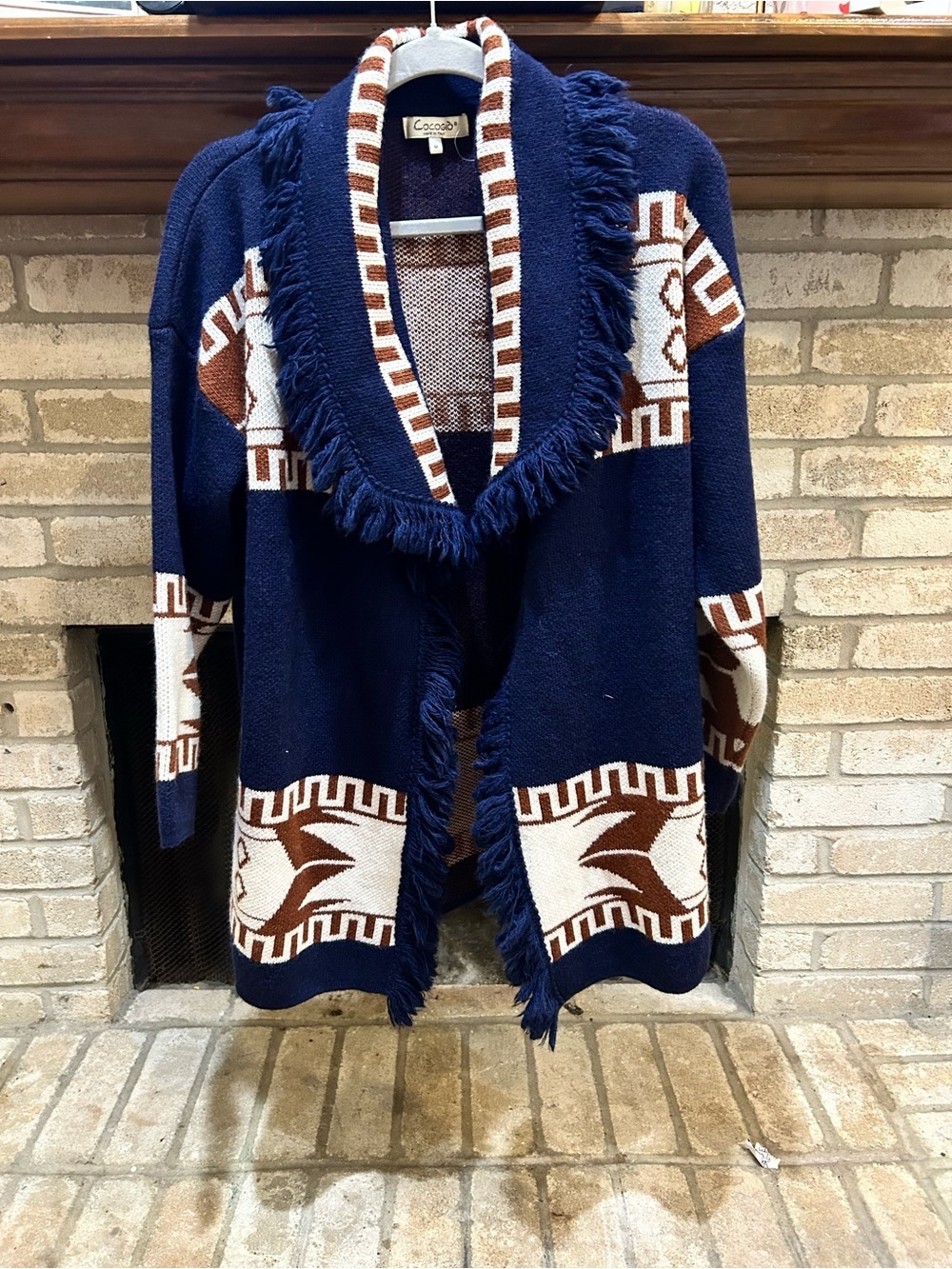 Cocogio Navy Fringed Open Cardigan with Brown & Cream Aztec Motif EUC